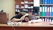 Video: Tired woman sleeping on keyboard at work and trying to speak on Tired woman sleeping on keyboard at work and trying to speak on