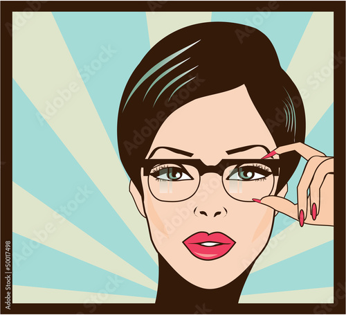 Illustration: Eyewear glasses woman closeup portrait. Woman wearing glasses ho Eyewear glasses woman closeup portrait. Woman wearing glasses ho