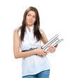 Foto: Young woman student hold books for college homework Young woman student hold books for college homework