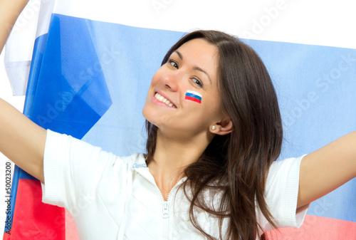 Photo: Happy russian soccer fan with russian national flag Happy russian soccer fan with russian national flag