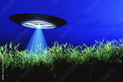 Illustration: Ufo Flying on Earth at Night over Field Ufo Flying on Earth at Night over Field