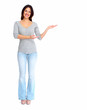Happy woman showing a copyspace.