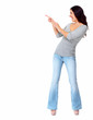 Happy woman showing a copyspace.