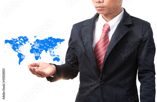 Photo: business man and hand holding world map of data and information business man and hand holding world map of data and information