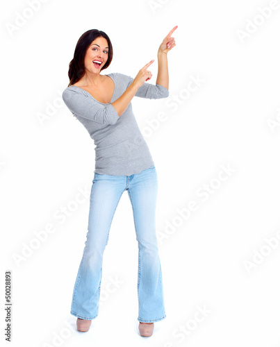 Photo: Happy woman showing a copyspace. Happy woman showing a copyspace.