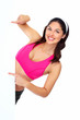 Young beautiful fitness woman with banner.
