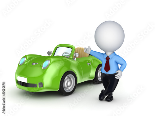 Illustration: 3d small person selling the car. 3d small person selling the car.