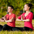 Photo: Man and woman woman doing yoga in park Man and woman woman doing yoga in park