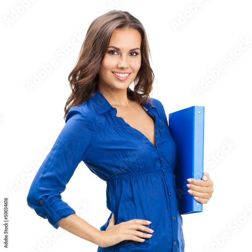 Photo: Businesswoman with blue folder, isolated Businesswoman with blue folder, isolated
