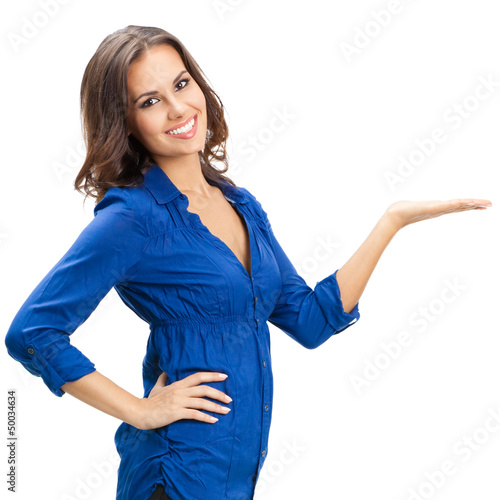 Photo: Business woman showing, isolated Business woman showing, isolated