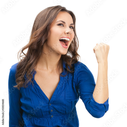 Photo: Happy gesturing businesswoman , on white Happy gesturing businesswoman , on white