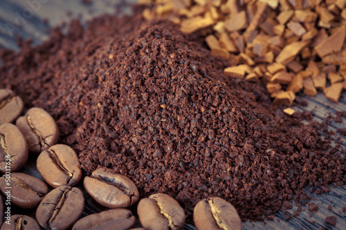 Photo: Set of instant, ground coffee and coffee beans Set of instant, ground coffee and coffee beans