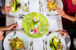 Two couples fine dining in restaurant