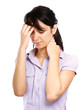 Young woman with head pain on white background