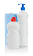 Photo: white bottles and blue towel isolated white bottles and blue towel isolated