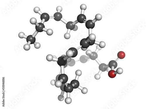 Illustration: Omega-3 fatty acid docosahexaenoic acid, molecular model. Omega-3 fatty acid docosahexaenoic acid, molecular model.