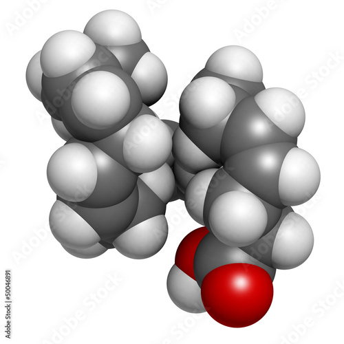 Illustration: Omega-3 fatty acid docosahexaenoic acid, molecular model. Omega-3 fatty acid docosahexaenoic acid, molecular model.