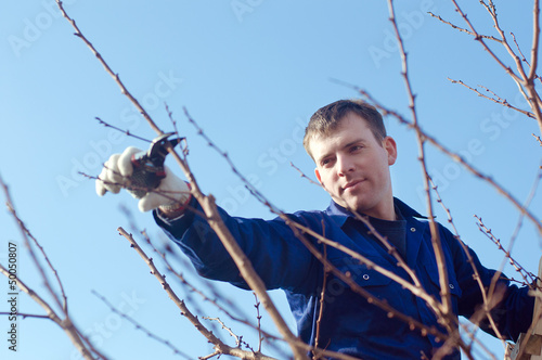 Photo: Portrait of young man pruning brunches Portrait of young man pruning brunches
