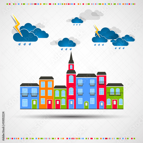 Vector: Funny city theme background with rain. Funny city theme background with rain.