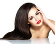 Beautiful woman with long brown straight hairs