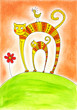 Cat and kitten, child's drawing, watercolor painting on paper