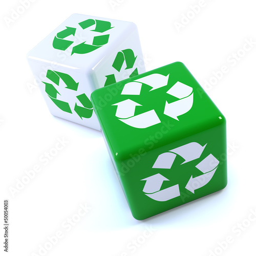 Illustration: Two cubes with green recycle design Two cubes with green recycle design