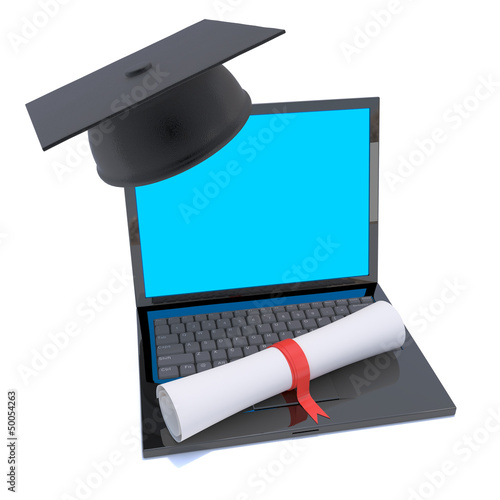 Illustration: Laptop online education course with diploma Laptop online education course with diploma