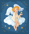 Cute angel girl with a star sitting on a cloud