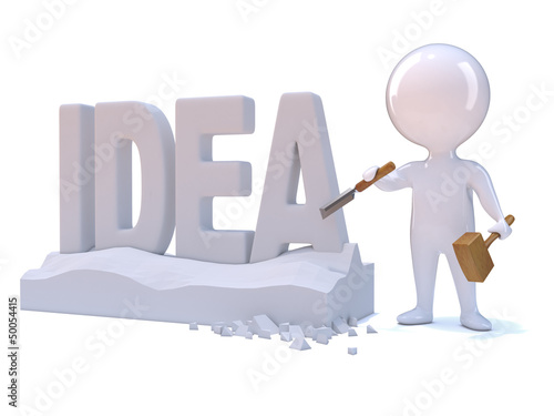 Illustration: Little man carves the word "IDEA" Little man carves the word "IDEA"