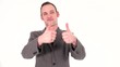Young businessman holds up the thumb gesture