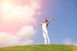 happy young woman dreams to fly on winds