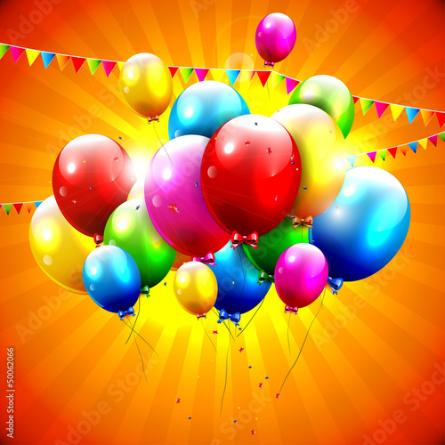 Vector: Flying colorful balloons on orange background Flying colorful balloons on orange background
