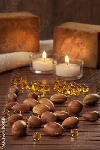 Photo: seeds of argan with yellow cosmetic pearl seeds of argan with yellow cosmetic pearl