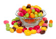 egg-shaped candies in a glass bowl