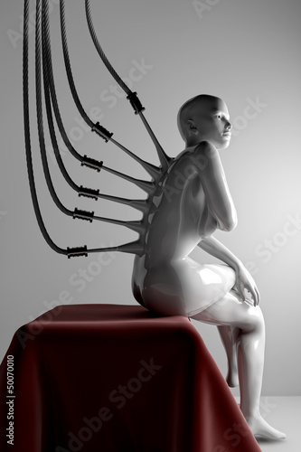 Illustration: Robotic female connected to wires Robotic female connected to wires