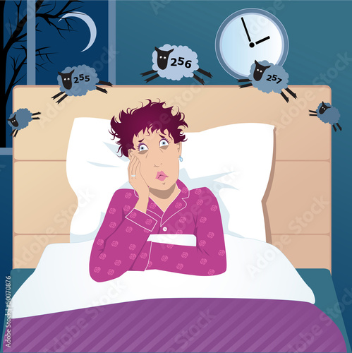 Vector: Middle age woman with insomnia counting sheep Middle age woman with insomnia counting sheep