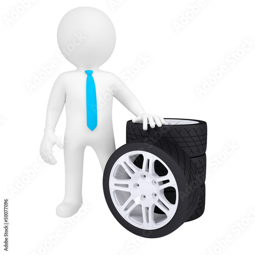 Illustration: 3D man holding a car wheel 3D man holding a car wheel