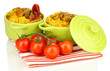 Delicious pilaf with vegetables isolated on white