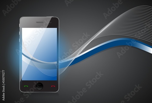 Illustration: smartphone with blue waves on screen smartphone with blue waves on screen