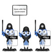 Comical protester flanked by two riot police officers