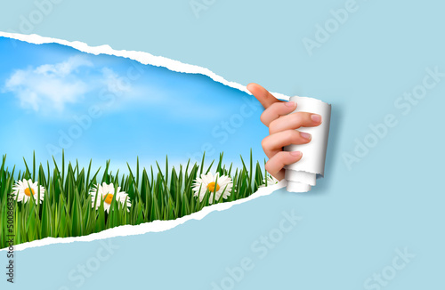Vector: Nature background with green grass and sky and ripped paper. Vec Nature background with green grass and sky and ripped paper. Vec