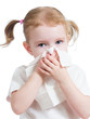 kid cleaning nose with tissue isolated on white