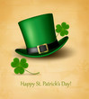Saint Patrick's Day card with clove leaf and green hat. Vector i