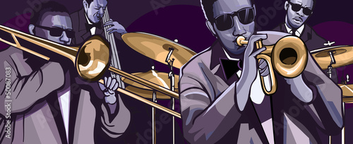 Vector: jazz band with trombonne trumpet double bass and drum jazz band with trombonne trumpet double bass and drum