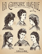 vintage haidresser's placard with 6 hairstyles and antique hats