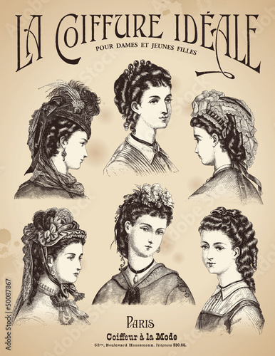 Vector: vintage haidresser's placard with 6 hairstyles and antique hats vintage haidresser's placard with 6 hairstyles and antique hats