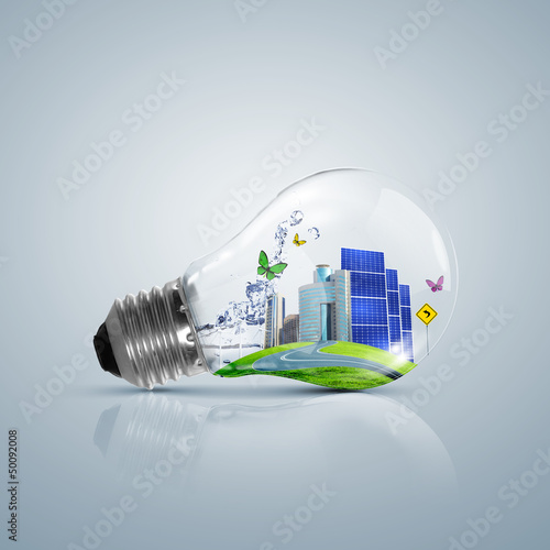 Illustration: Lamp bulb with clean nature symbol inside Lamp bulb with clean nature symbol inside