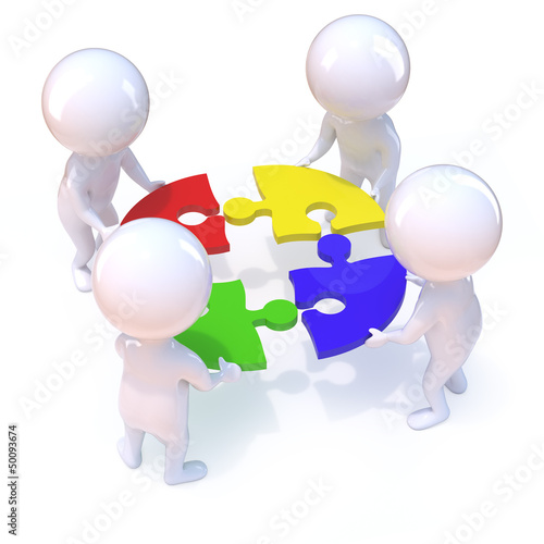 Illustration: Little men work together with circular puzzle Little men work together with circular puzzle