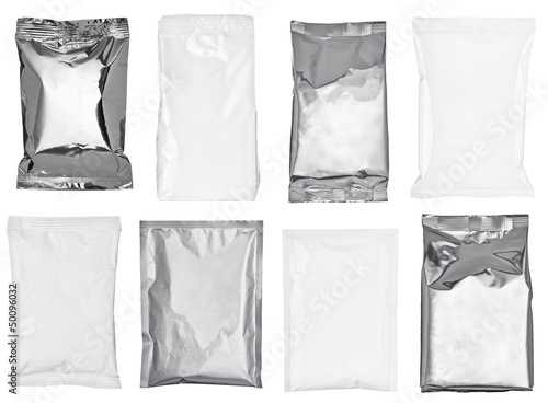 Photo: white silver aluminum paper bag package food template white silver aluminum paper bag package food template
