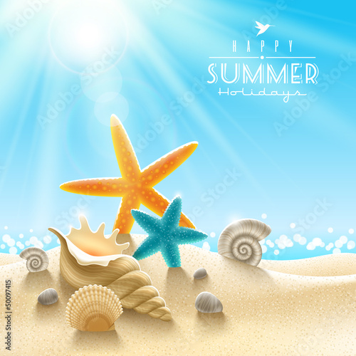 Vector: Sea inhabitants on a beach sand against a sunny seascape Sea inhabitants on a beach sand against a sunny seascape